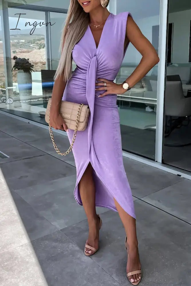 Ingvn - Sexy Simplicity Solid Fold V Neck Irregular Dress Dresses Dresses/Casual