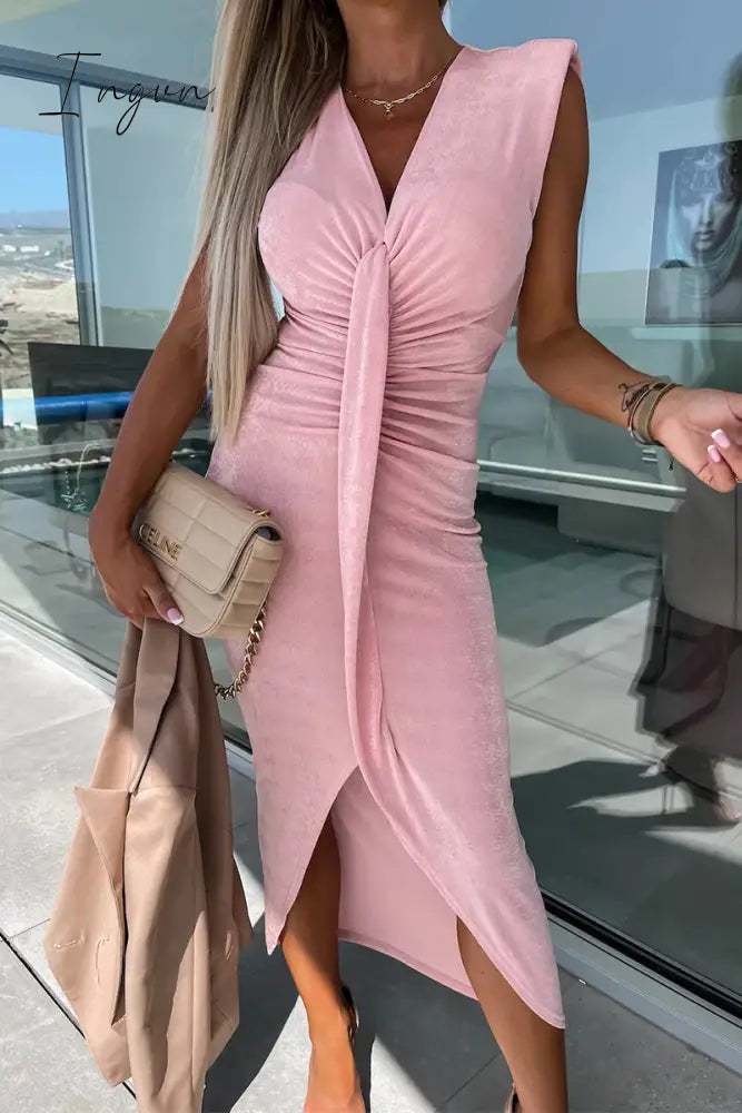 Ingvn - Sexy Simplicity Solid Fold V Neck Irregular Dress Dresses Dresses/Casual