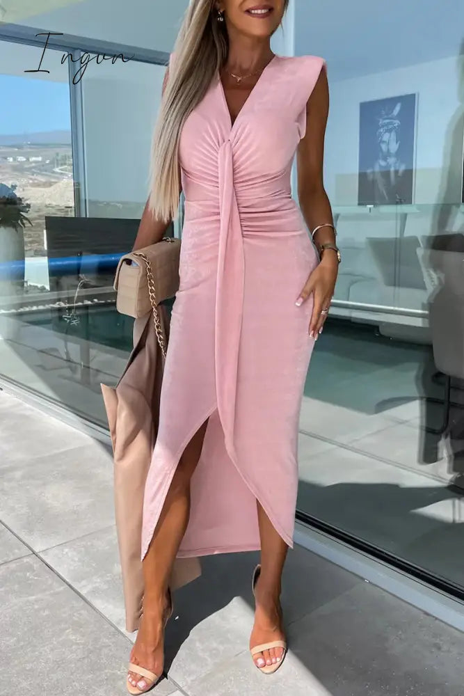 Ingvn - Sexy Simplicity Solid Fold V Neck Irregular Dress Dresses Dresses/Casual
