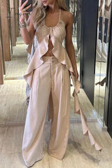 Ingvn - Sexy Solid Backless Flounce U Neck Sleeveless Two Pieces Apricot / S Pieces/Two-Piece Pants