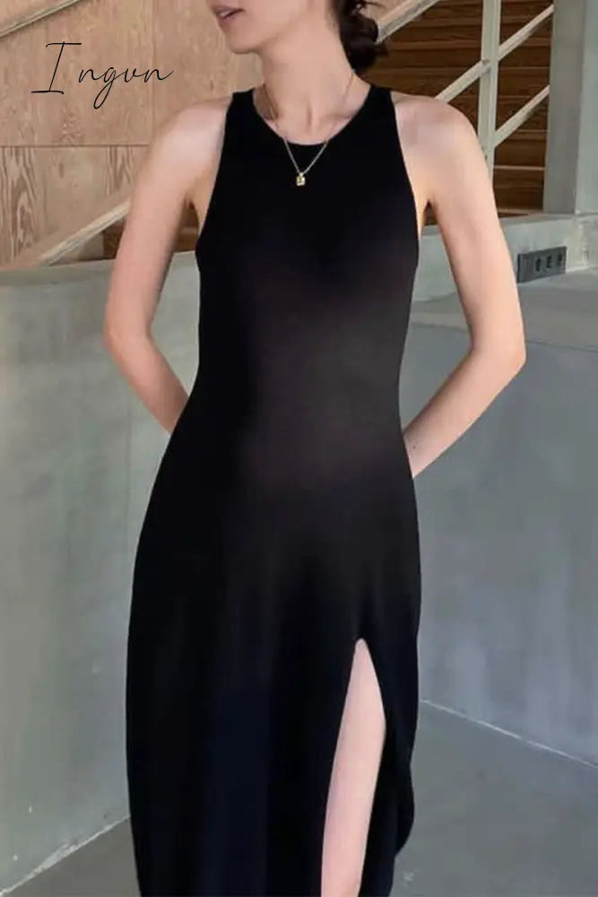 Ingvn - Sexy Solid Slit O Neck Sleeveless Dress Dresses Black / S Dresses/Summer