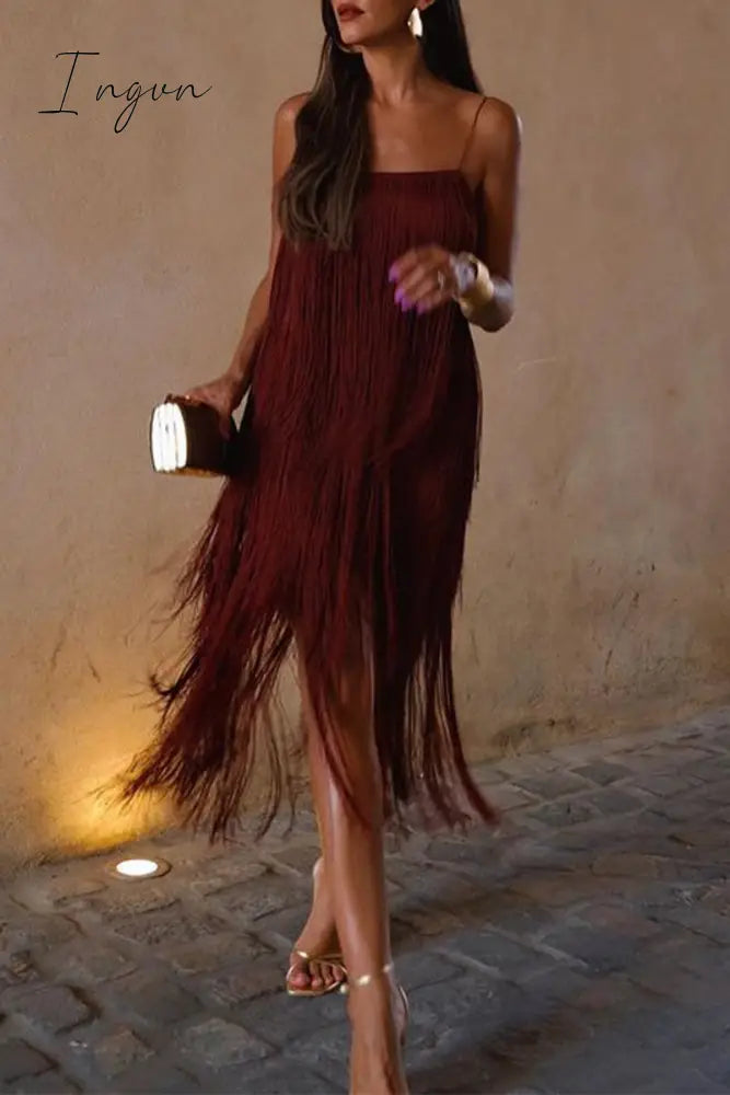 Ingvn - Sexy Vintage Solid Tassel Square Collar Sling Dress Dresses Dresses/Party