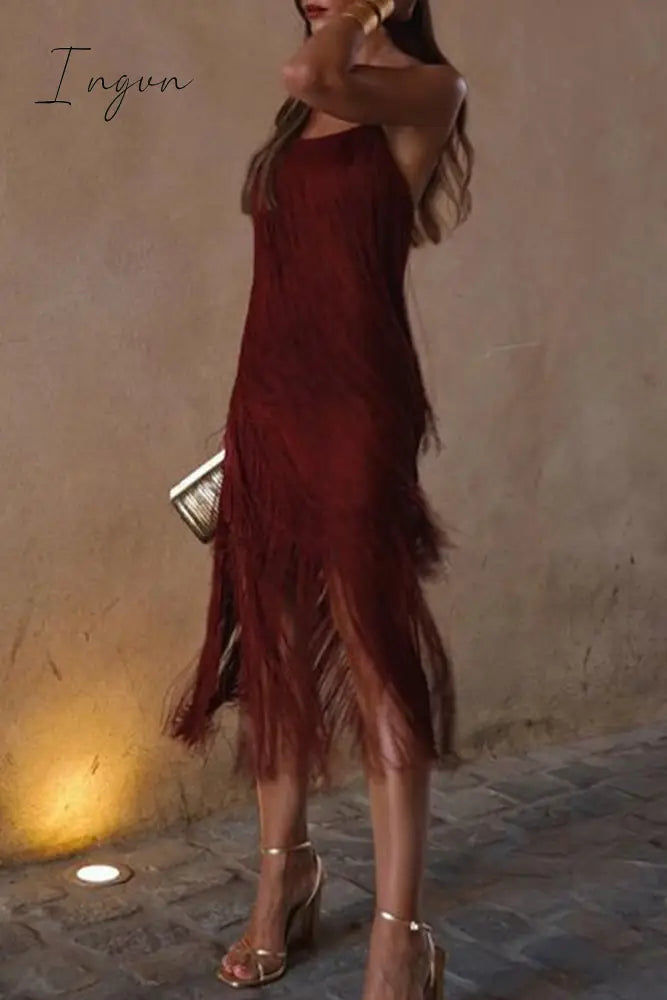 Ingvn - Sexy Vintage Solid Tassel Square Collar Sling Dress Dresses Dresses/Party