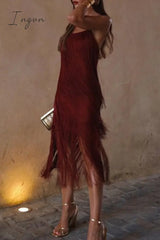 Ingvn - Sexy Vintage Solid Tassel Square Collar Sling Dress Dresses Dresses/Party