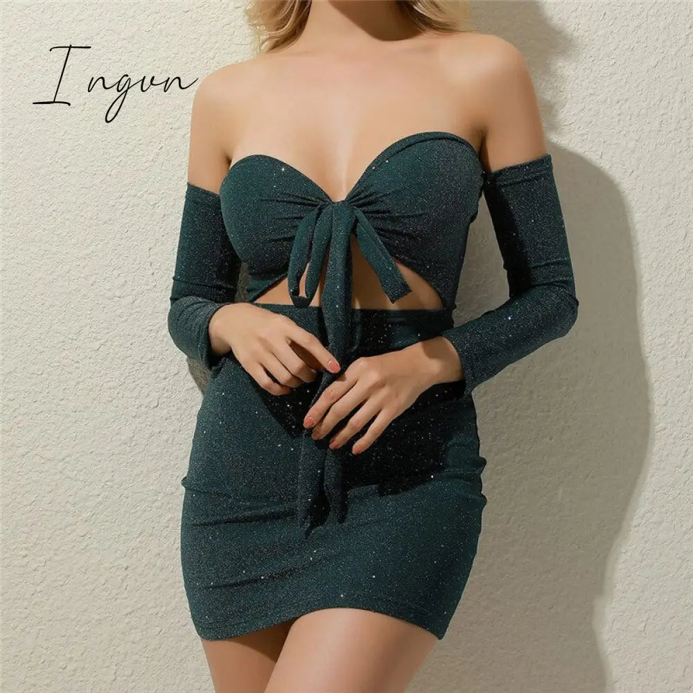 Ingvn - Shiny Party Sexy Dress Women Hollow Out Strapless Tie - Up Fashion Long Sleeve Pleated