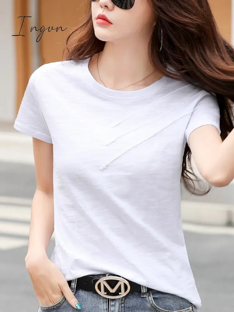 Ingvn - Short Sleeve Summer Women Ribbed Cotton Tee - Shirts Female Button Loose Casual Fashion T -