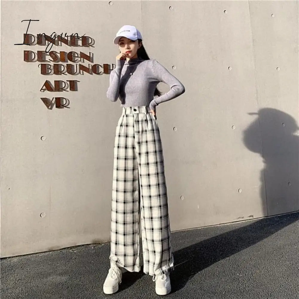 Ingvn - Simple Vintage Plaid Causal Long Women Pants Street Fashion Straight Wide Leg Pant White /