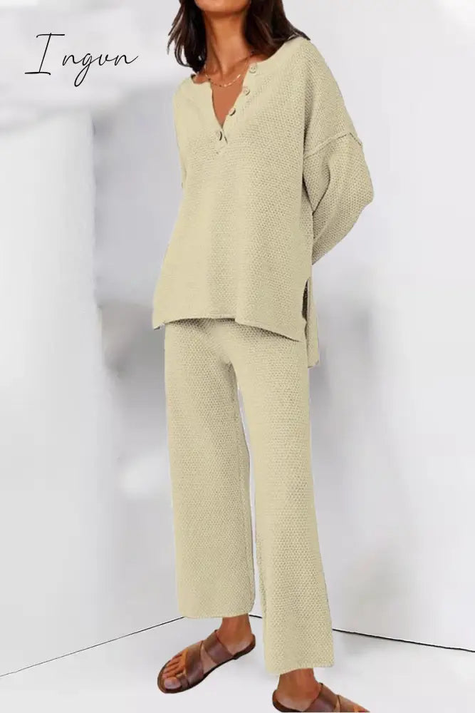Ingvn - Simplicity Solid Buttons O Neck Long Sleeve Two Pieces Apricot / S Pieces/Two-Piece Pants
