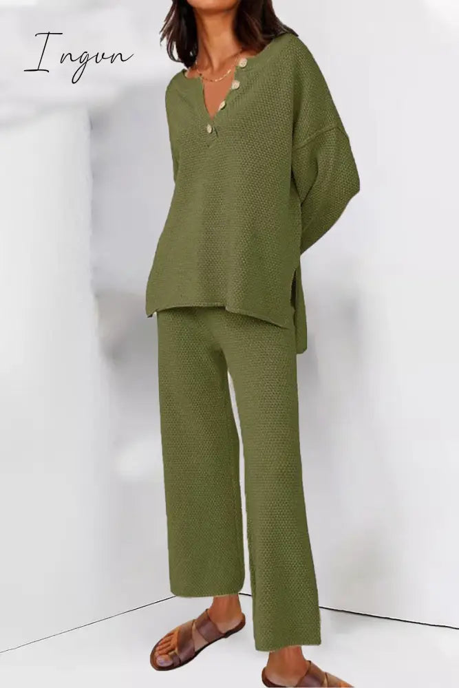 Ingvn - Simplicity Solid Buttons O Neck Long Sleeve Two Pieces Army Green / S Pieces/Two-Piece