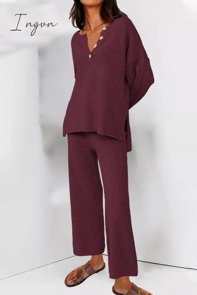 Ingvn - Simplicity Solid Buttons O Neck Long Sleeve Two Pieces Burgundy / S Pieces/Two-Piece Pants