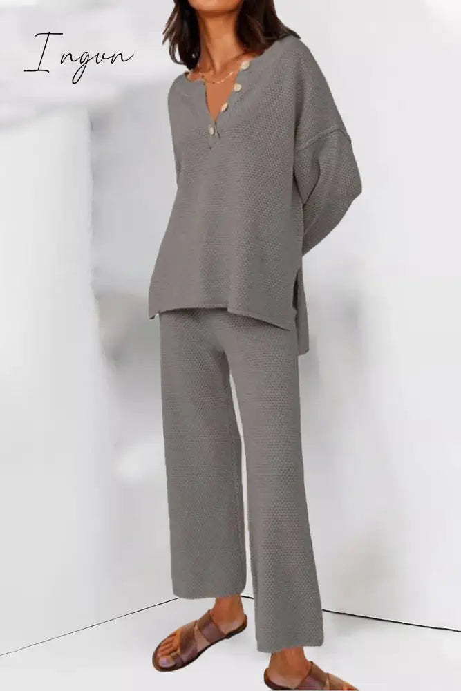 Ingvn - Simplicity Solid Buttons O Neck Long Sleeve Two Pieces Dark Gray / S Pieces/Two-Piece Pants