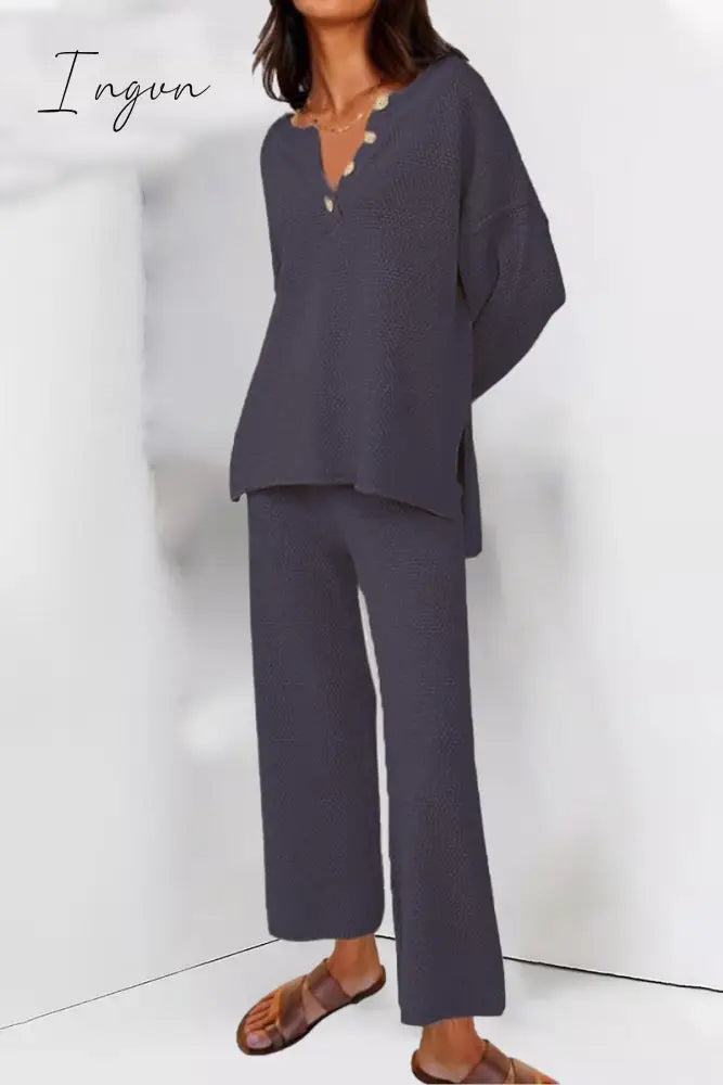 Ingvn - Simplicity Solid Buttons O Neck Long Sleeve Two Pieces Deep Blue / S Pieces/Two-Piece Pants