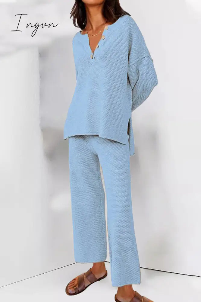 Ingvn - Simplicity Solid Buttons O Neck Long Sleeve Two Pieces Gray Blue / S Pieces/Two-Piece Pants