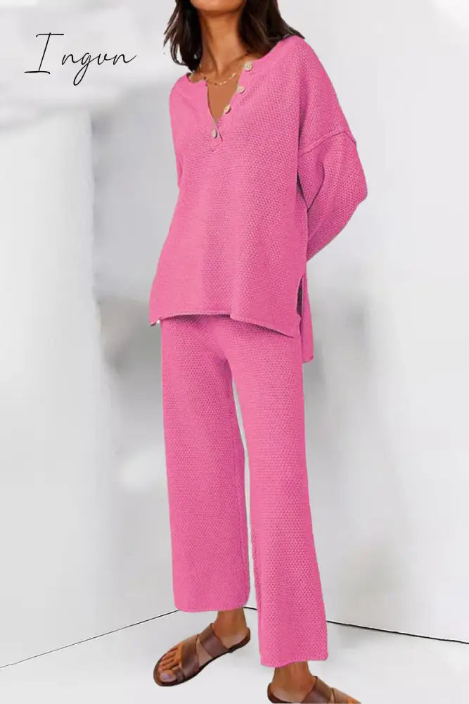 Ingvn - Simplicity Solid Buttons O Neck Long Sleeve Two Pieces Rose Red / S Pieces/Two-Piece Pants