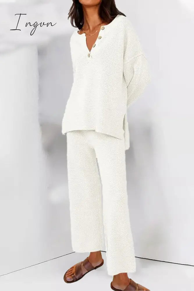 Ingvn - Simplicity Solid Buttons O Neck Long Sleeve Two Pieces White / S Pieces/Two-Piece Pants Set