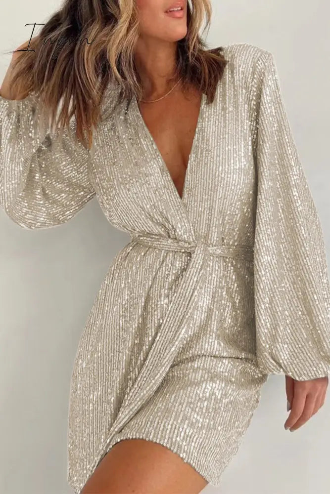 Ingvn- Solid Bandage Sequins V Neck Loose Rompers Apricot / S Jumpsuits & Rompers/Rompers