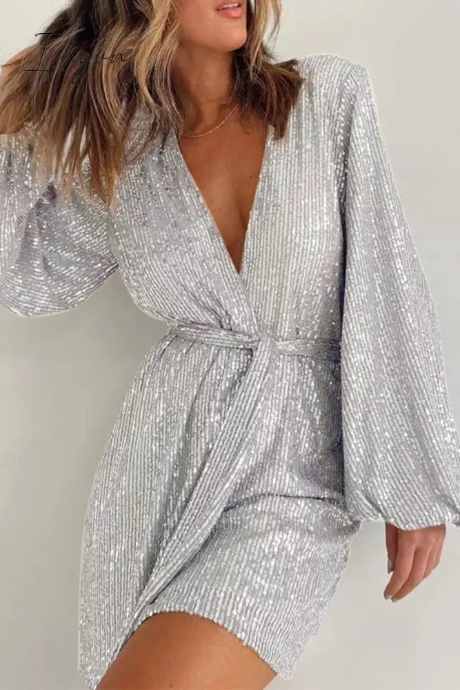 Ingvn- Solid Bandage Sequins V Neck Loose Rompers Silver White / S Jumpsuits & Rompers/Rompers