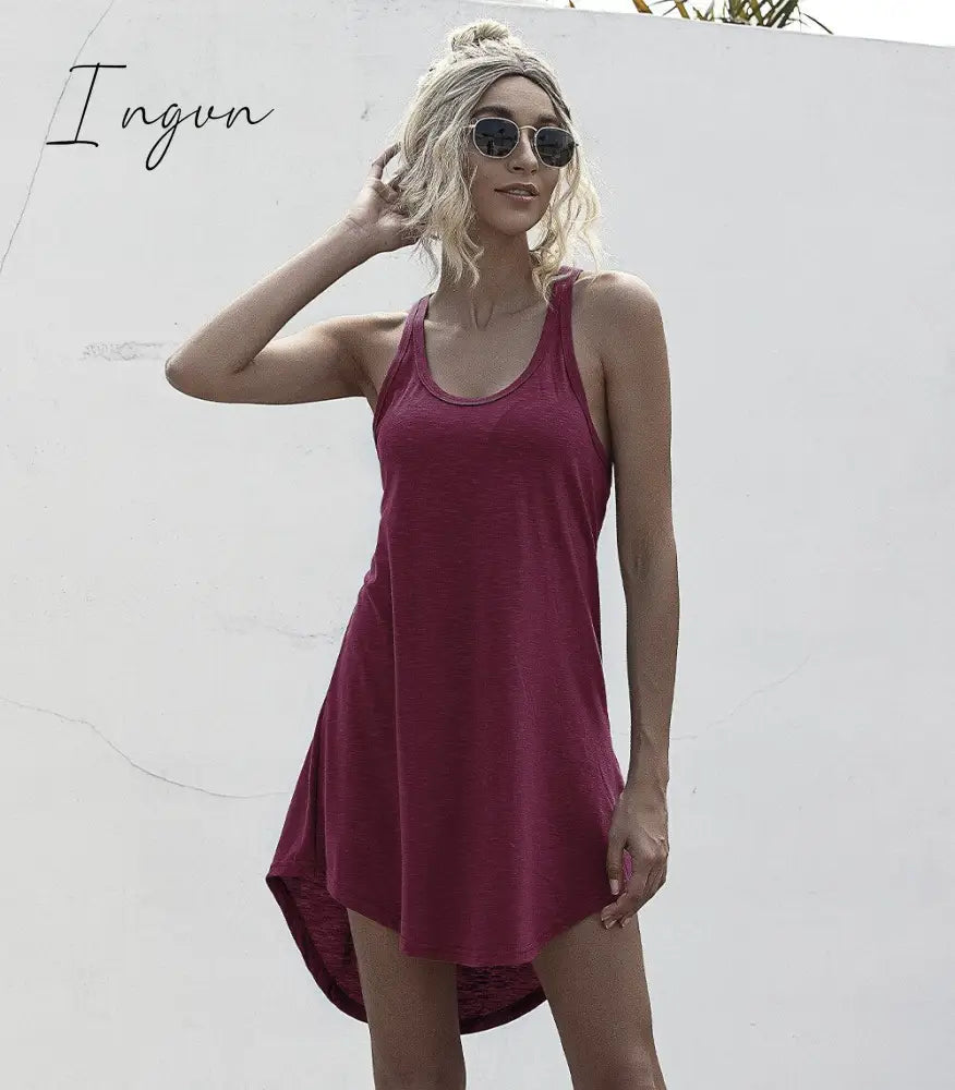 Ingvn - Solid Casual O-Neck Sleeveless Tank Dress Women Loose Off Shoulder Asymmetrical Cotton Mini