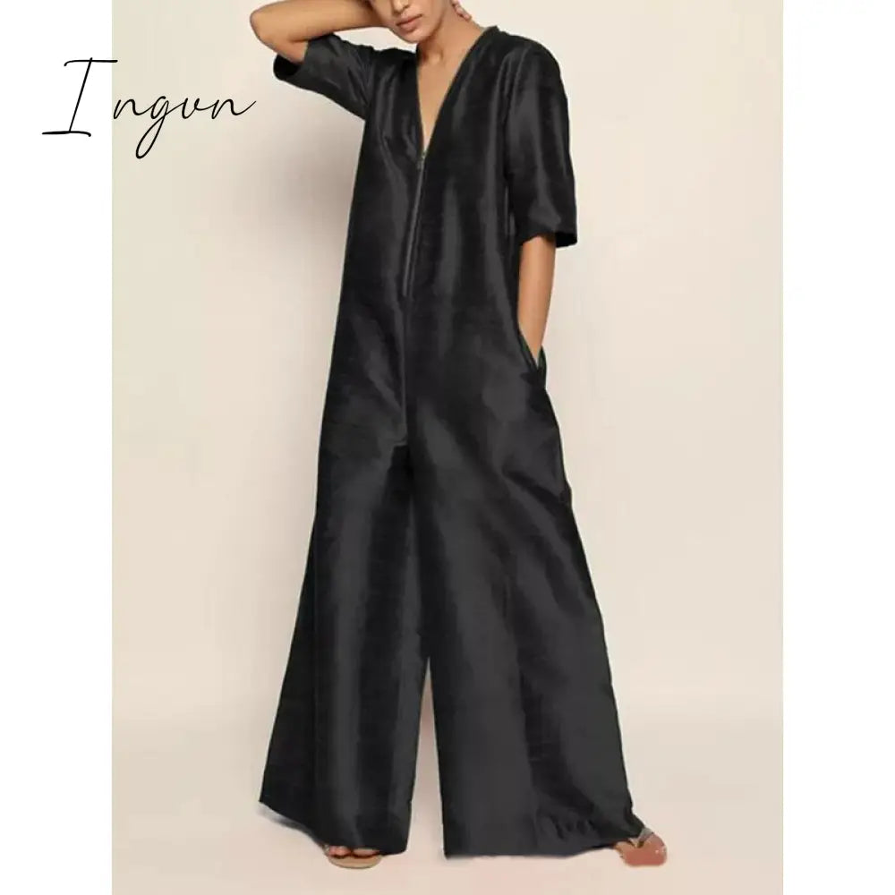 Ingvn - Solid Color Zipper V-Neck Half Sleeves Wide Leg Jumpsuits For Women 2023 Summer New Stylish