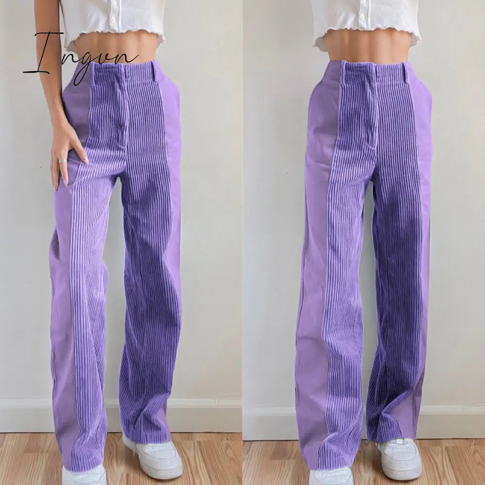 Ingvn - Solid Corduroy Pants Women Warm Casual Patchwork Winter Trouser Straight Leg Pant