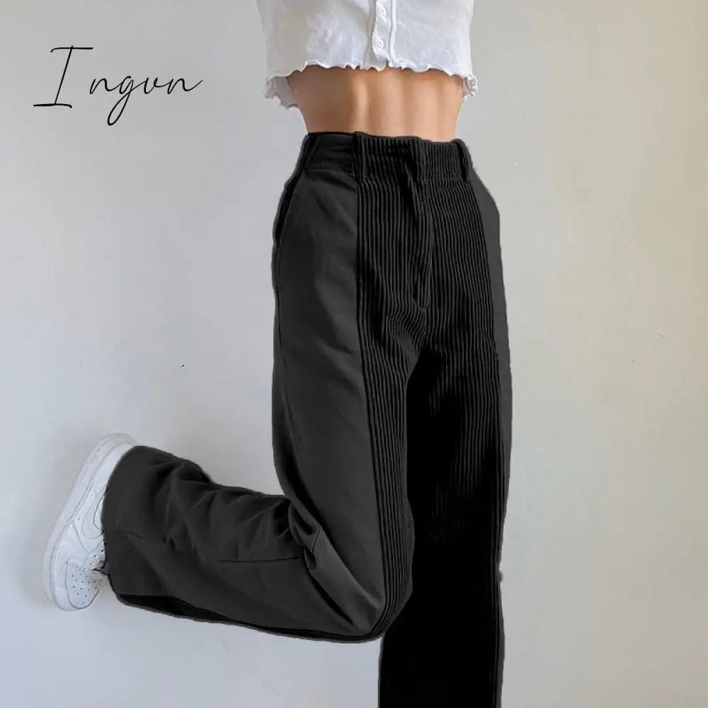 Ingvn - Solid Corduroy Pants Women Warm Casual Patchwork Winter Trouser Straight Leg Pant