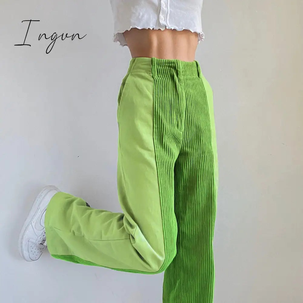 Ingvn - Solid Corduroy Pants Women Warm Casual Patchwork Winter Trouser Straight Leg Pant