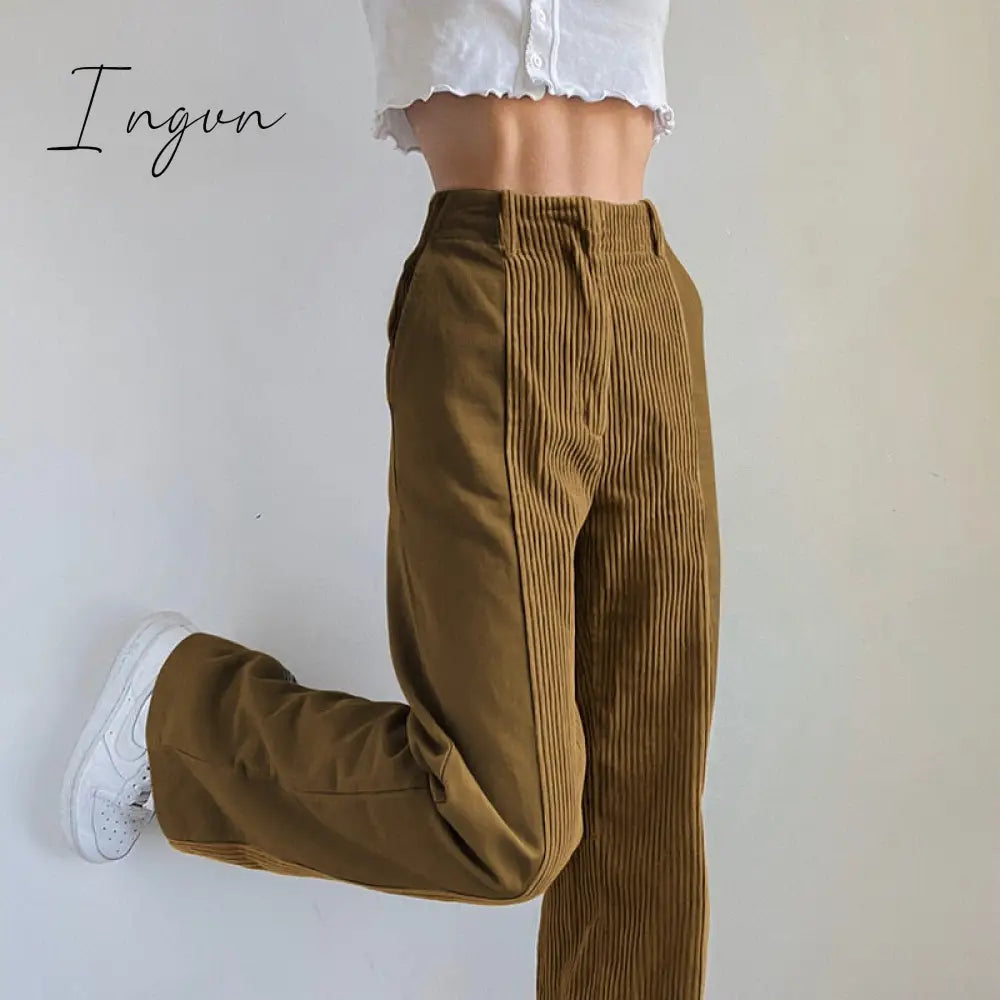 Ingvn - Solid Corduroy Pants Women Warm Casual Patchwork Winter Trouser Straight Leg Pant