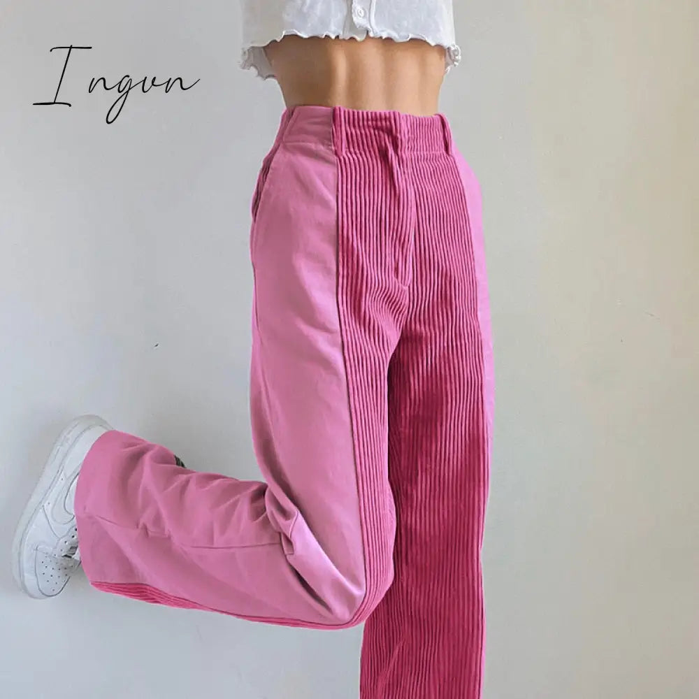 Ingvn - Solid Corduroy Pants Women Warm Casual Patchwork Winter Trouser Straight Leg Pant