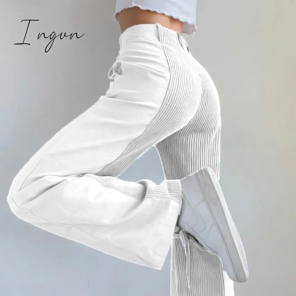 Ingvn - Solid Corduroy Pants Women Warm Casual Patchwork Winter Trouser Straight Leg Pant