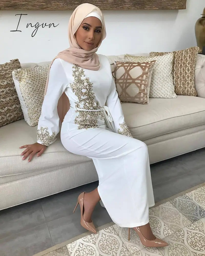 Ingvn - Spring Autumn Dresses For Women Embroidery Abaya Dubai Turkey Muslim Dress Evening Wedding