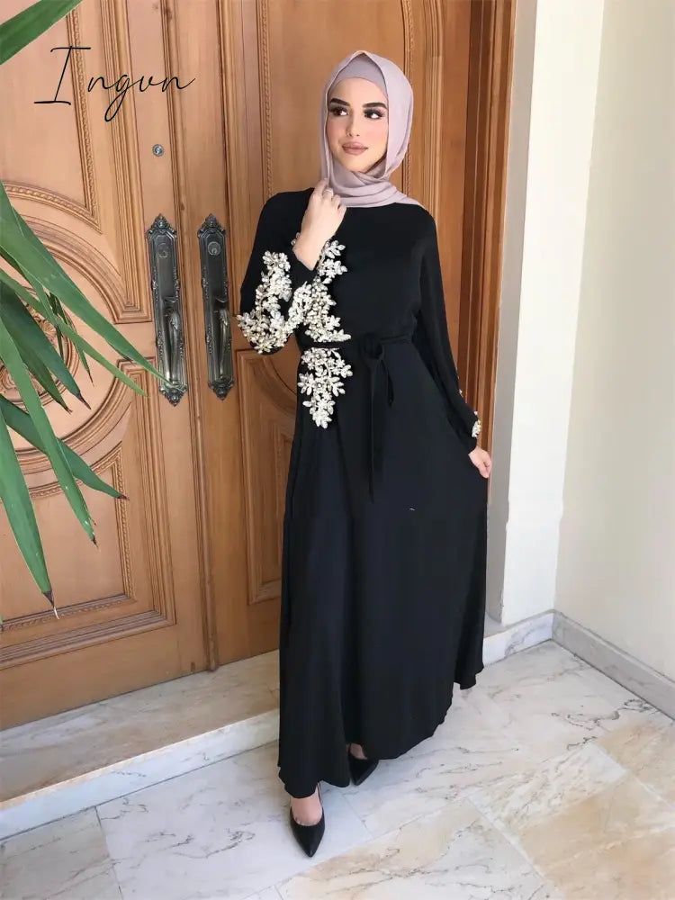 Ingvn - Spring Autumn Dresses For Women Embroidery Abaya Dubai Turkey Muslim Dress Evening Wedding