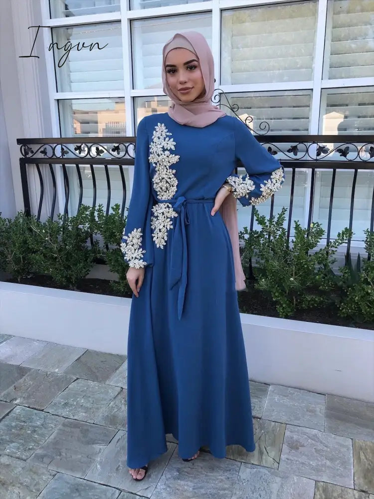 Ingvn - Spring Autumn Dresses For Women Embroidery Abaya Dubai Turkey Muslim Dress Evening Wedding