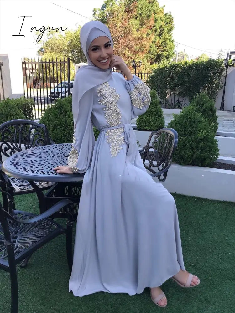 Ingvn - Spring Autumn Dresses For Women Embroidery Abaya Dubai Turkey Muslim Dress Evening Wedding