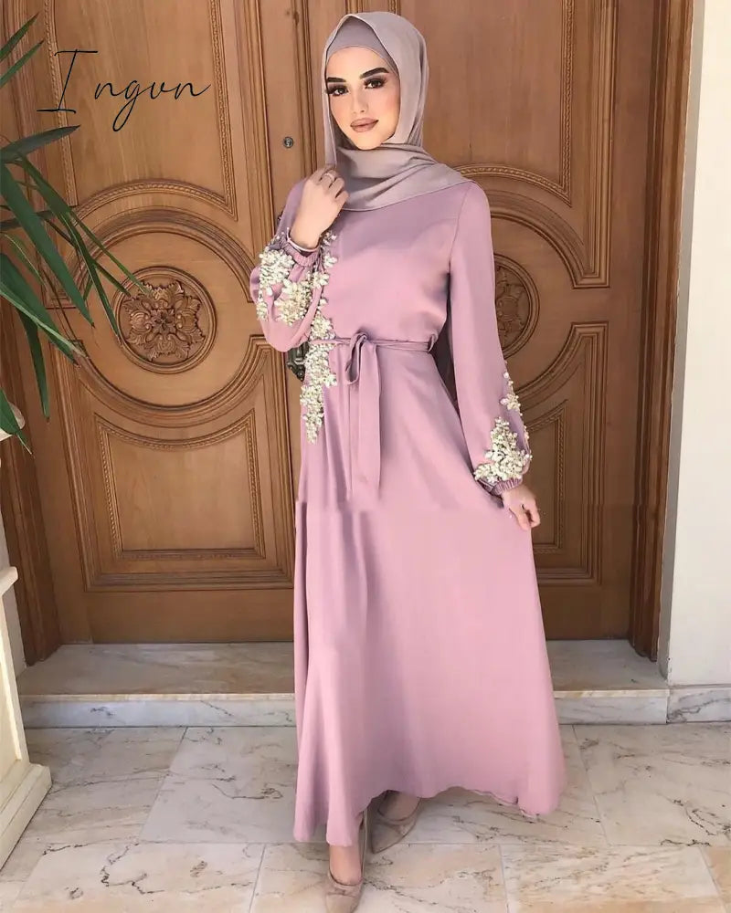 Ingvn - Spring Autumn Dresses For Women Embroidery Abaya Dubai Turkey Muslim Dress Evening Wedding