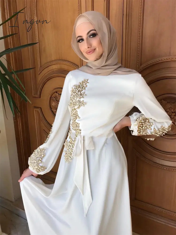 Ingvn - Spring Autumn Dresses For Women Embroidery Abaya Dubai Turkey Muslim Dress Evening Wedding