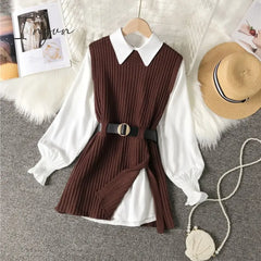 Ingvn - Spring Autumn Women’s Lantern Sleeve Shirt Knitted Vest Two Piece Sets Of College Style