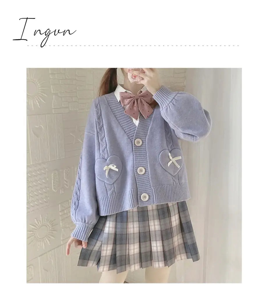 Ingvn - Spring Japan Kawaii Fashion Pink Cardigan Women Vintage Crop Knitted Sweater Cute Bow Heart