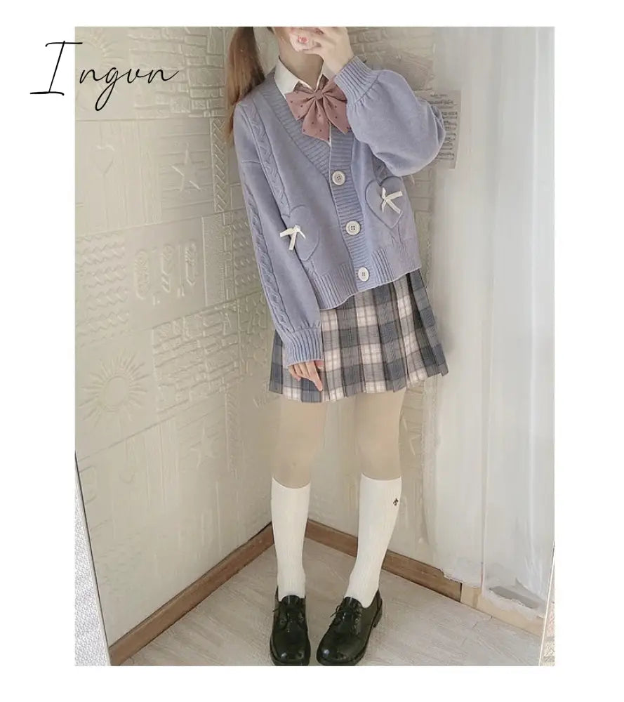 Ingvn - Spring Japan Kawaii Fashion Pink Cardigan Women Vintage Crop Knitted Sweater Cute Bow Heart