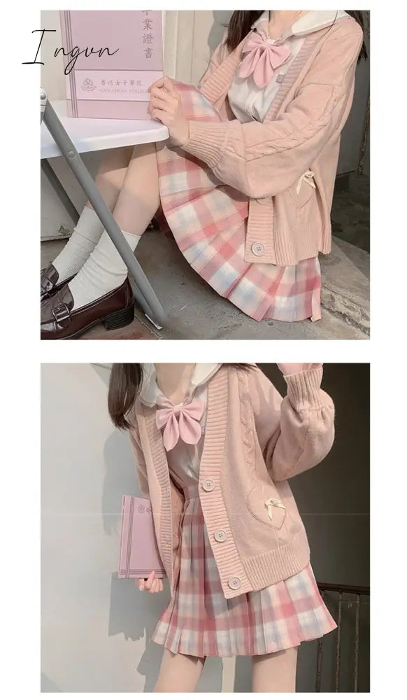 Ingvn - Spring Japan Kawaii Fashion Pink Cardigan Women Vintage Crop Knitted Sweater Cute Bow Heart