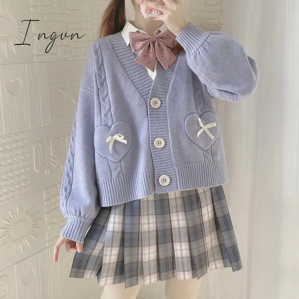 Ingvn - Spring Japan Kawaii Fashion Pink Cardigan Women Vintage Crop Knitted Sweater Cute Bow Heart