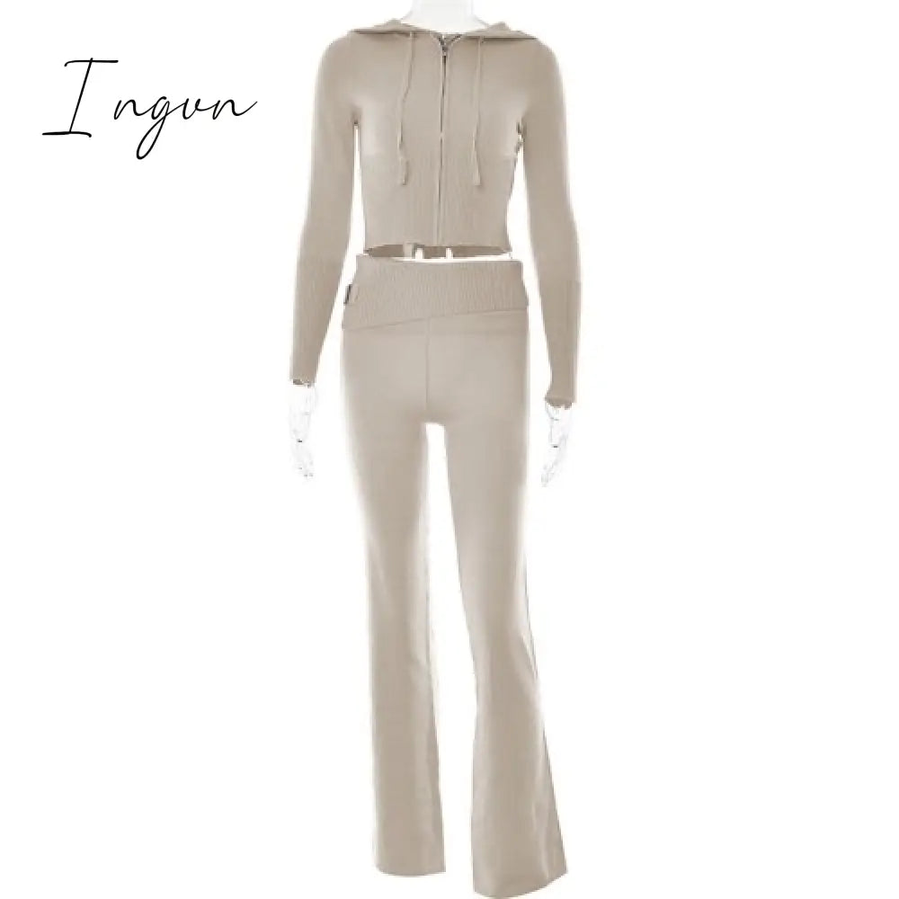 Ingvn - Spring New Hoodie Cropped Top And Pants Sets High Waist Flare Suits Pink Knitted Womens Y2K