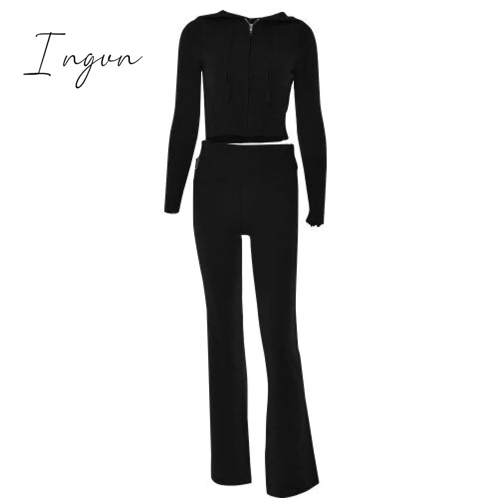 Ingvn - Spring New Hoodie Cropped Top And Pants Sets High Waist Flare Suits Pink Knitted Womens Y2K