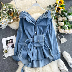 Ingvn - Spring Summer Women’s Solid Denim Dress Female Pocket With Belt Slim Ladies Single
