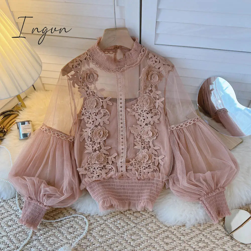 Ingvn - Spring Women Mesh Tops Fashion Sexy Sheer Lace Blouse Lantern Sleeve 3D Floral Blouses