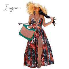Ingvn - Stigende Women Bohemian Palm Leaf Maxi Dress Sexy High Split Summer Beach Halter Casual