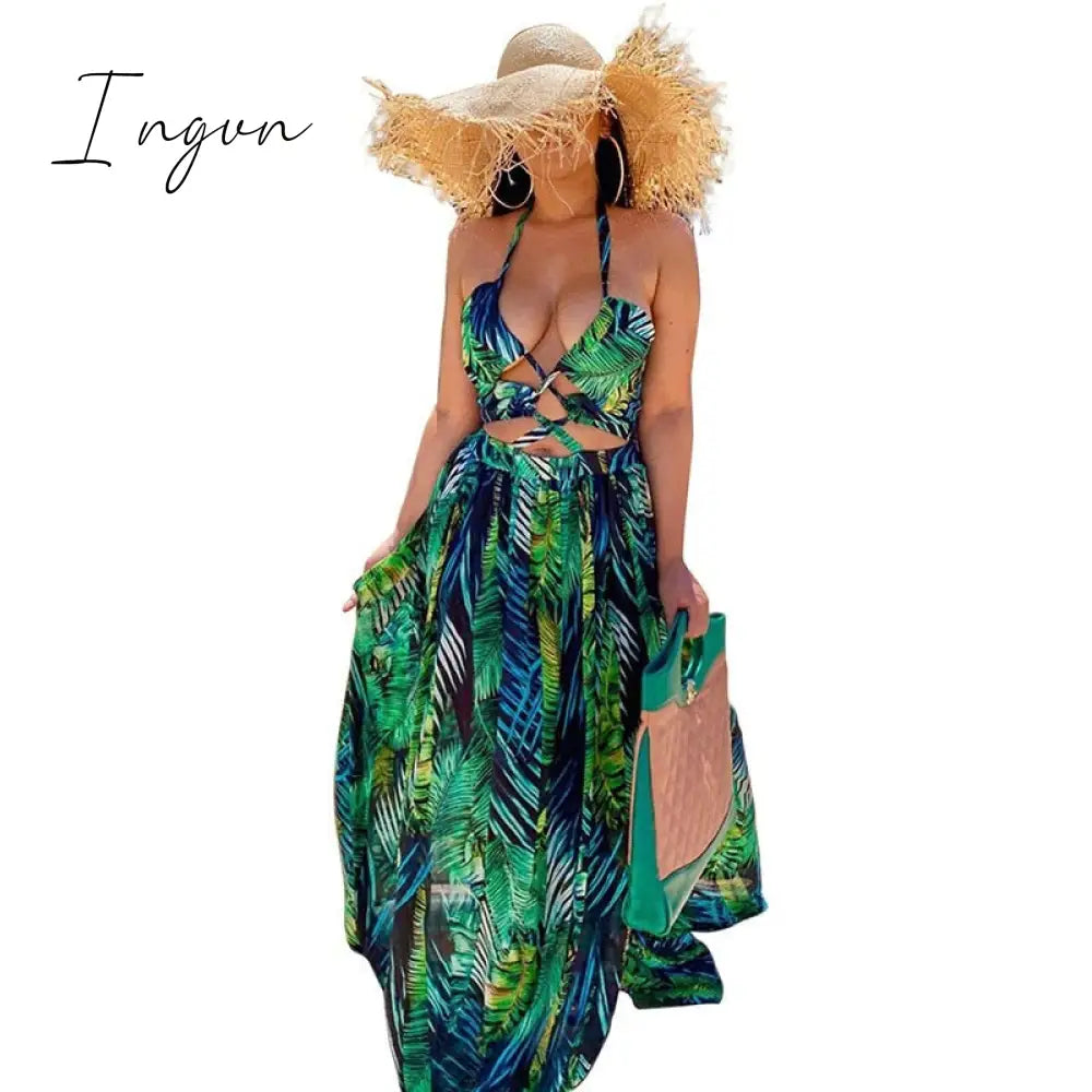 Ingvn - Stigende Women Bohemian Palm Leaf Maxi Dress Sexy High Split Summer Beach Halter Casual
