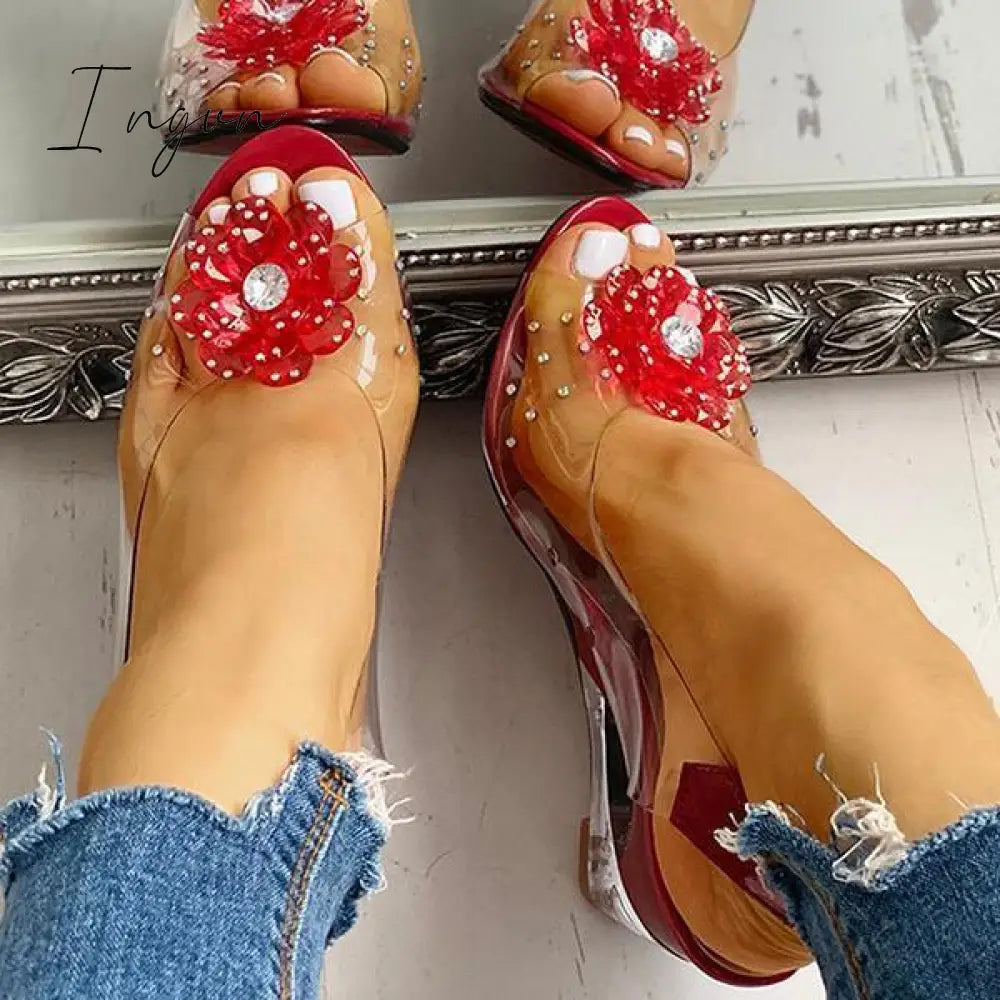 Ingvn - Studded Flower Design Transparent Wedge Sandals