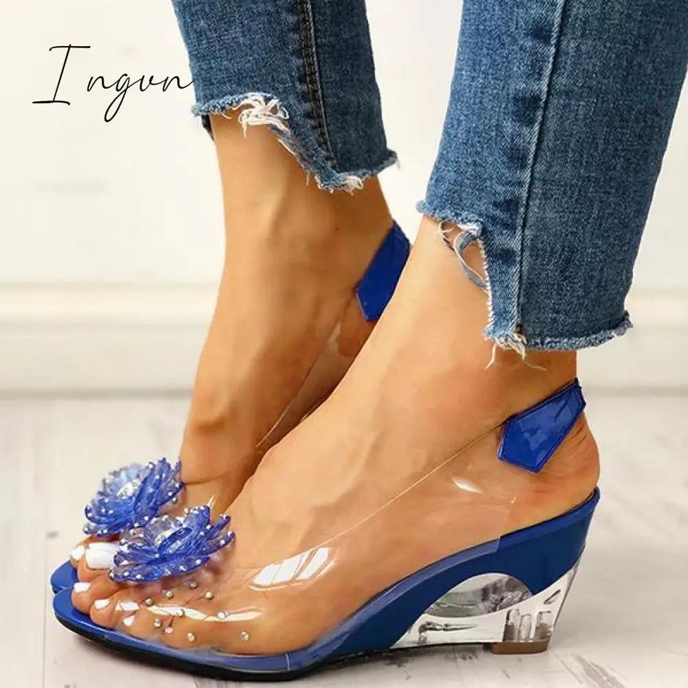 Ingvn - Studded Flower Design Transparent Wedge Sandals