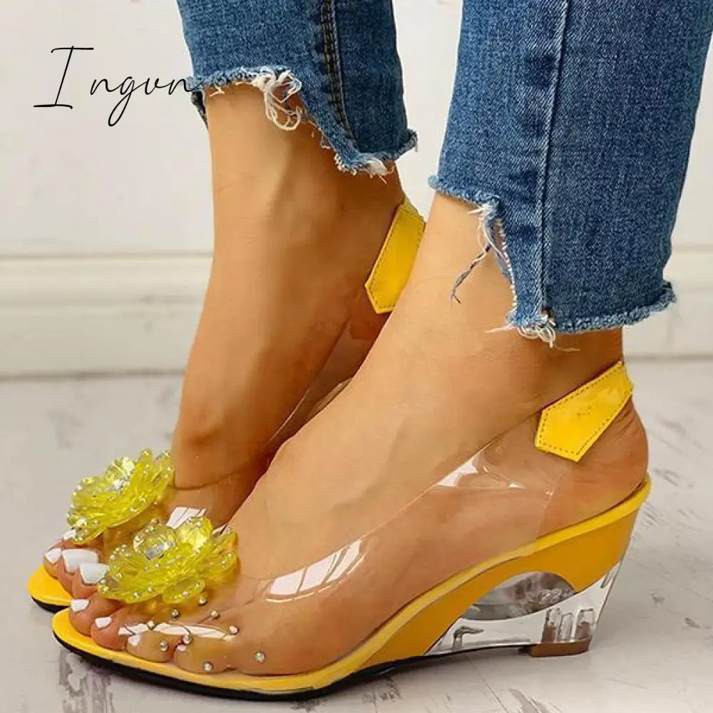 Ingvn - Studded Flower Design Transparent Wedge Sandals