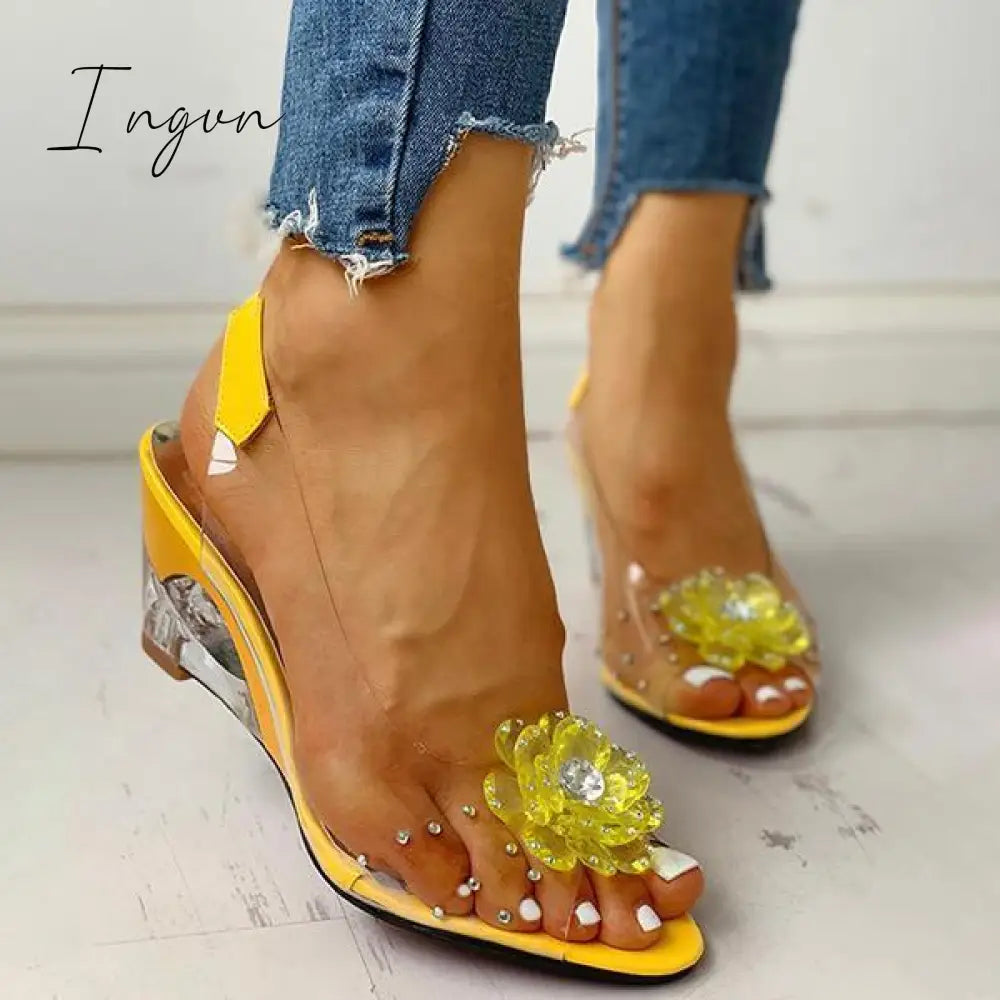 Ingvn - Studded Flower Design Transparent Wedge Sandals